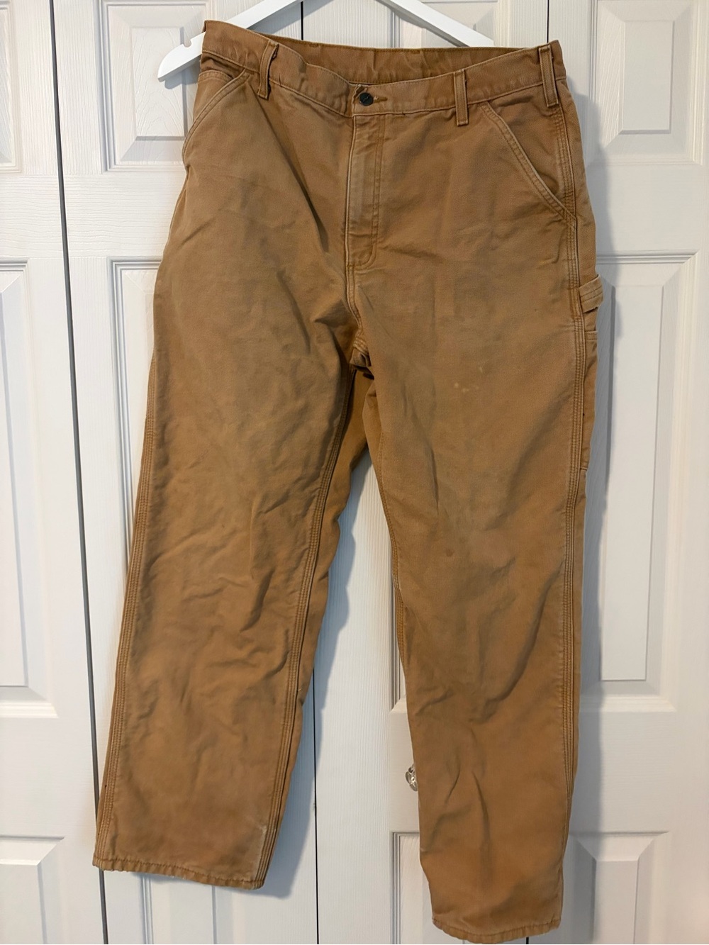 Carhartt brown & tan pants flannel lined size 36 x 32 some stains workwear